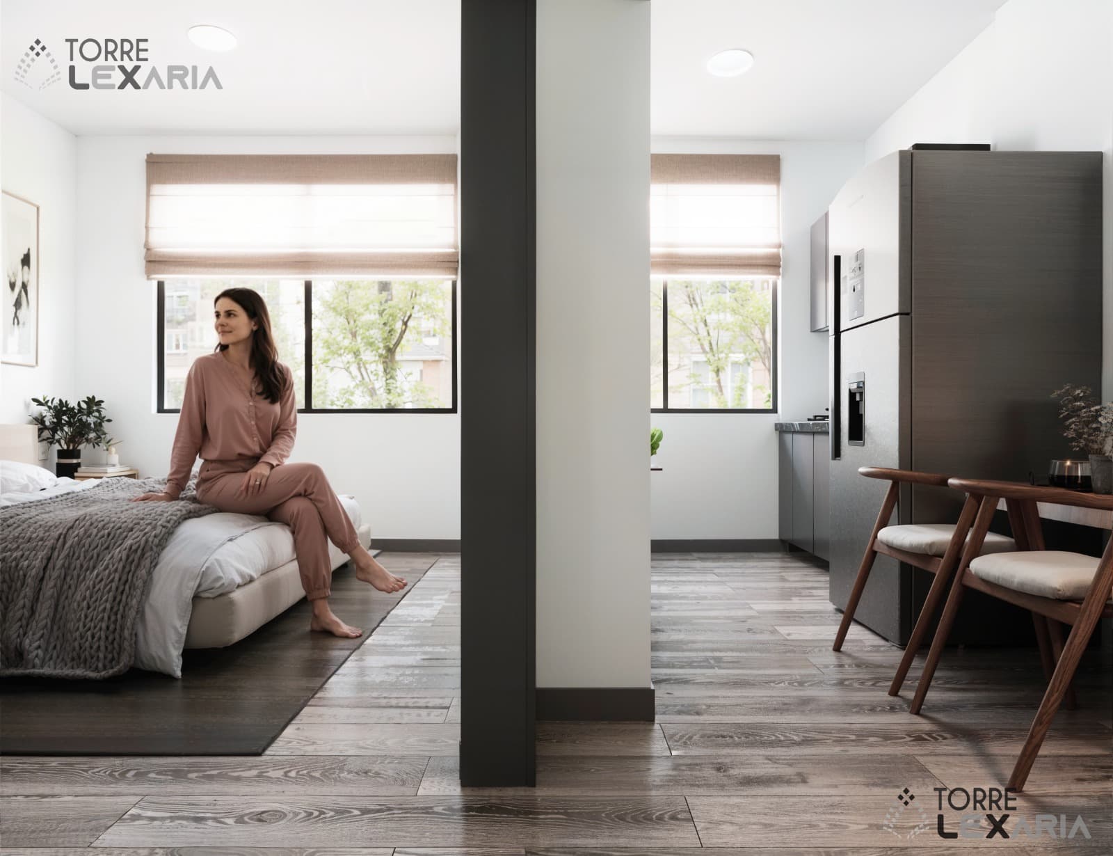 Baño con box de ducha y lavadora en Torre Lexaria, Cochabamba